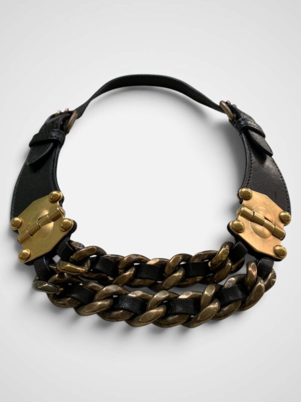 Mui Mui Black Leather with Gold Chain and Metal Clasp Details Necklace